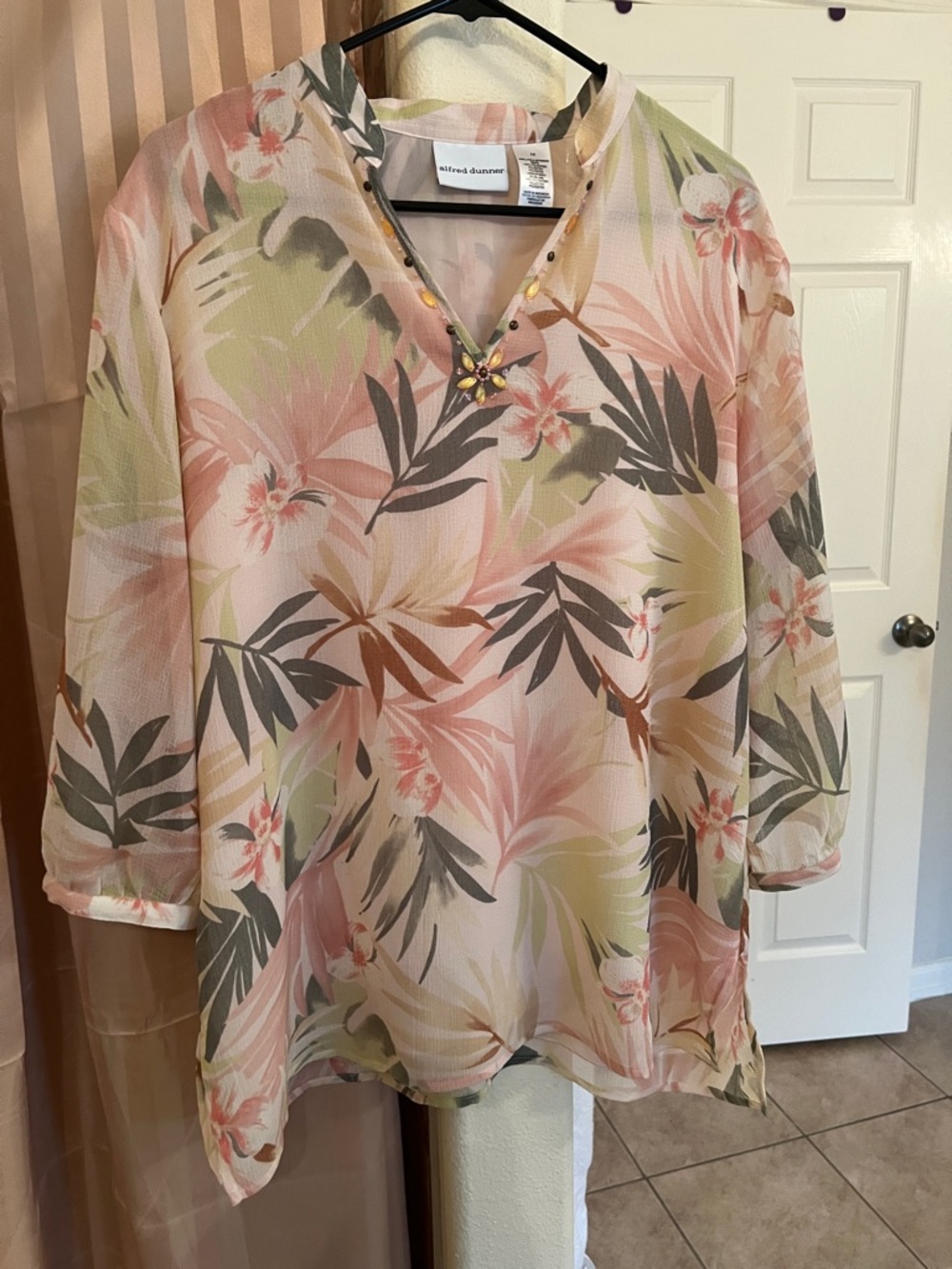 Alfred Dunner Pink & Green Floral Tunic with Embellished V-Neck